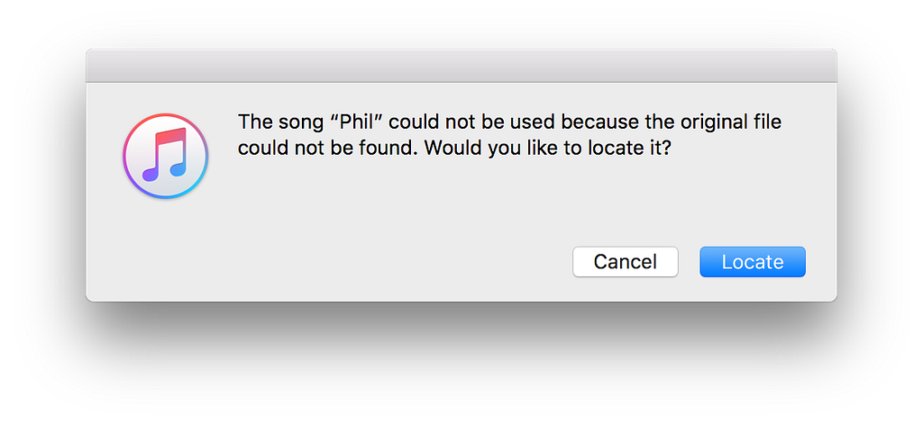 iTunes dialog saying the song could not be found