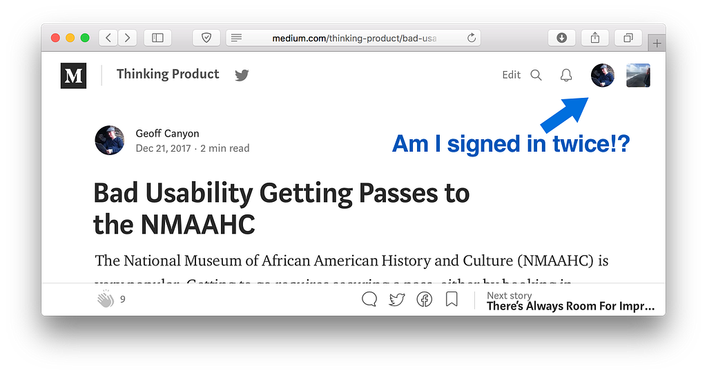 Medium’s header showing two different avatars