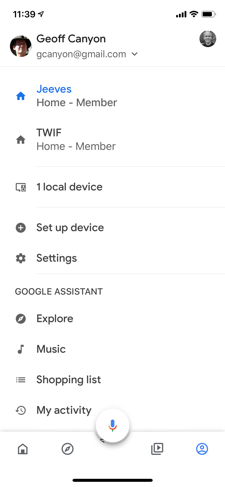 The account screen, with My activity near the bottom