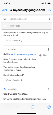 The activity list entry for the goulash question
