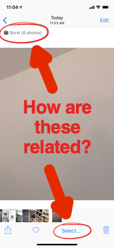 The “Burst (8 photos)” label and the “Select…” command on opposite edges of the screen