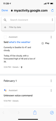 The Google Home activity list